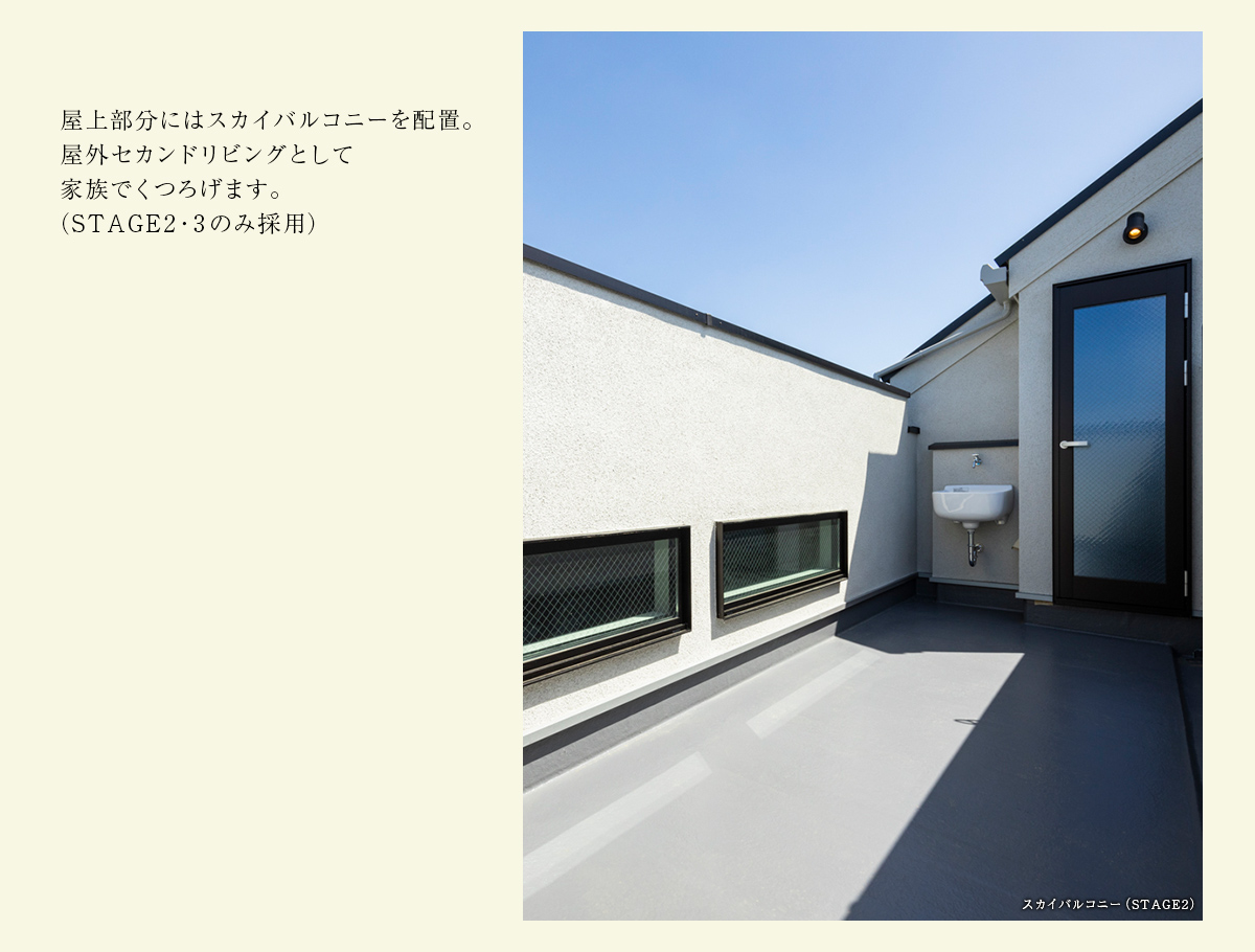 屋上部分にはスカイバルコニーを配置。屋外セカンドリビングとして家族でくつろげます。（STAGE2・3）