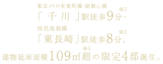 東京メトロ有楽町線・副都心線「千川」駅徒歩9分・西武池袋線「東長崎」駅徒歩8分、建物延床面積109㎡超の限定4邸誕生。