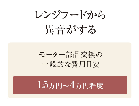 【レンジフードから異音がする】モーター部品交換の一般的な費用目安 1.5万円~4万円程度