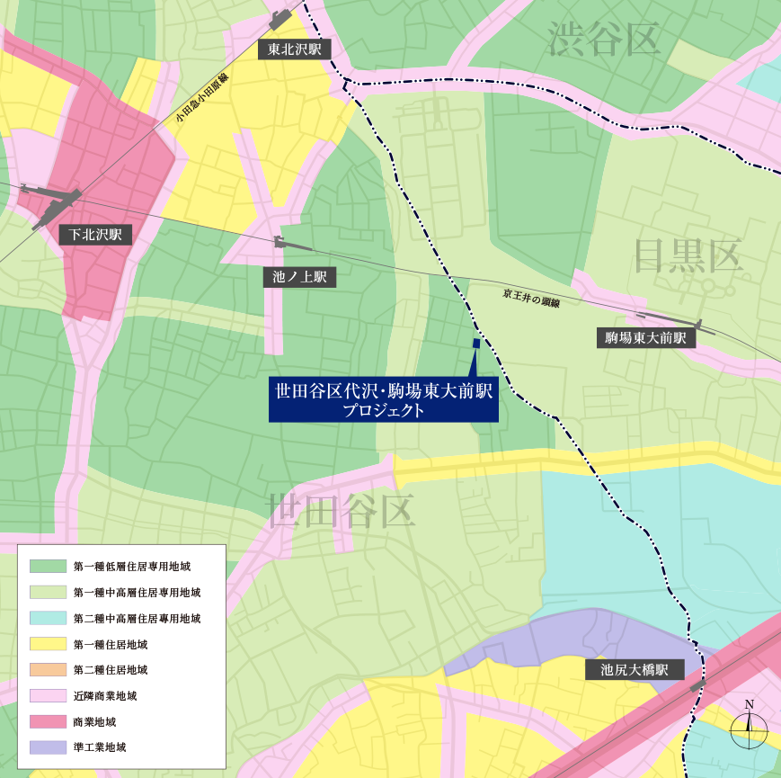 本プロジェクト周辺の用途地域図。本物件は第一種低層住居専用地域に該当。さらに区内でも都心に近い東端に位置しています。