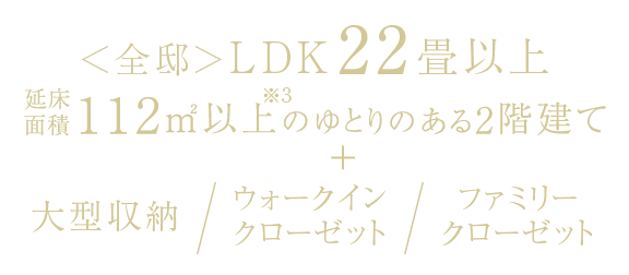 <全邸>　LDK22畳以上延べ床面積112㎡以上※3のゆとりのある2階建て＋大型収納・ウォークインクローゼット・ファミリークローゼット