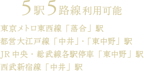 5駅5路線利用可能 東京メトロ東西線「落合」駅／都営大江戸線「中井」・「東中野」駅／JR中央・総武線各駅停車「東中野」駅／西武新宿線「中井」駅