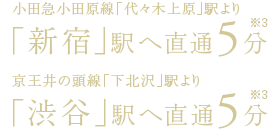 小田急小田原線「代々木上原」駅より「新宿」駅へ直通5分/京王井の頭線「下北沢」駅より「渋谷」駅へ直通5分