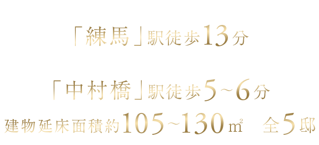 西武池袋線・豊島線・有楽町線「練馬」駅徒歩13分・西武池袋線「中村橋」駅徒歩5～6分 建物延床面積約105～130平米の全5邸