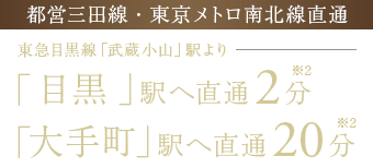 【都営三田線・東京メトロ南北線直通】東急目黒線「武蔵小山」駅より「目黒」駅へ直通2分/「大手町」駅へ直通20分