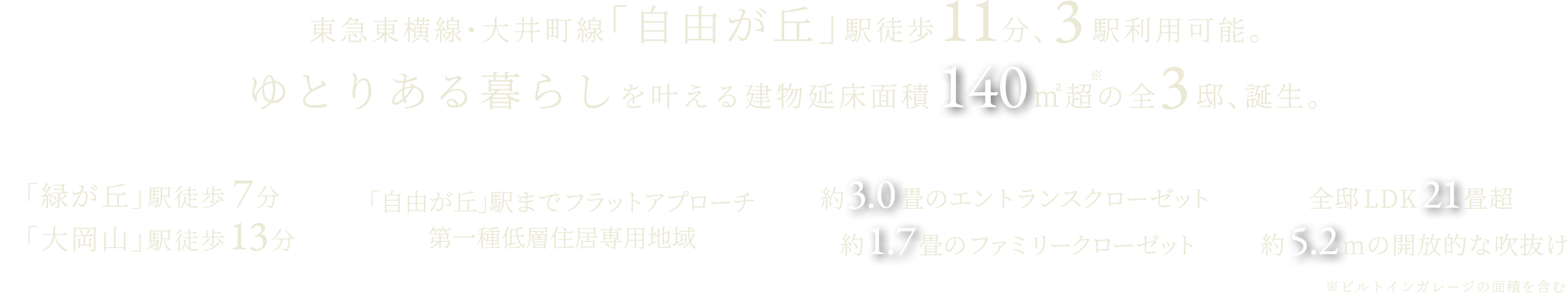 東急東横線・大井町線「自由が丘」駅徒歩11分、3駅利用可能。ゆとりある暮らしを叶える建物延床面積140㎡超の全3邸、誕生。「緑が丘」駅徒歩7分「大岡山」駅徒歩13分×全邸LDK21畳超約5.2mの開放的な吹抜け×約3.0畳のエントランスクローゼット約1.7畳のファミリークローゼット×「自由が丘」駅までフラットアプローチ第一種低層住居専用地域 ※ビルトインガレージの面積を含む