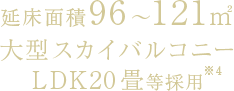 延床面積96～121㎡　大型スカイバルコニーLDK20畳等採用※LDK20畳超は全邸採用※4