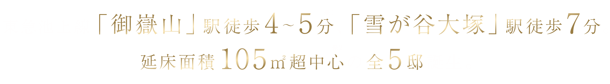 東急池上線「御嶽山」駅徒歩4～5分［※1］、「雪が谷大塚」駅徒歩7分［※1］。延床面積105平米超中心［※2］の全5邸誕生。