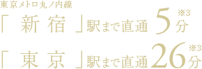 東京メトロ丸ノ内線/「新宿」駅まで直通5分・「東京」駅まで直通26分※3