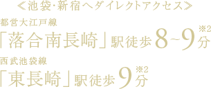 ≪池袋・新宿へダイレクトアクセス≫都営大江戸線「落合南長崎」駅徒歩8～9分・西武池袋線「東長崎」駅徒歩9分