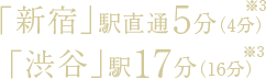 「新宿」駅直通5分（4分）※3「渋谷」駅17分（16分）※3