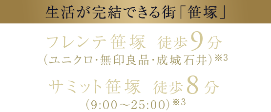 【生活が完結できる街「笹塚」】フレンテ笹塚 徒歩9分（ユニクロ・無印良品・成城石井）[※3] ／ サミット笹塚 徒歩8分（9:00～25:00）[※3]