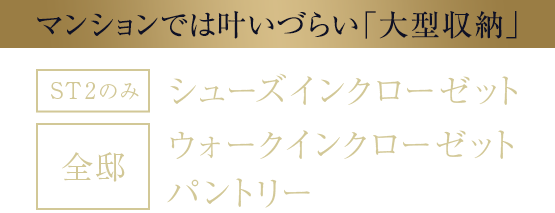 【マンションでは叶いづらい「大型収納」】[ST2のみ]シューズインクローゼット ／ [全邸]ウォークインクローゼット、パントリー