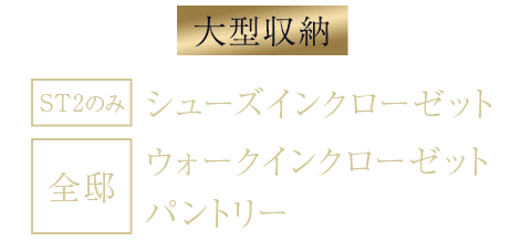 大型収納／[ST2のみ]シューズインクローゼット。[全邸]ウォークインクローゼット、パントリー