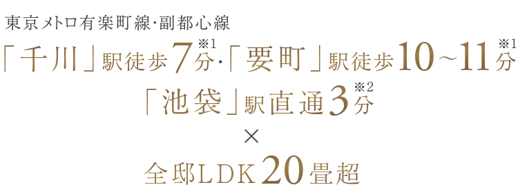 東京メトロ有楽町線・副都心線「千川」駅徒歩7分［※1］・「要町」駅徒歩10～11分［※1］、「池袋」駅直通3分［※2］×全邸LDK20畳超