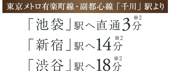 【東京メトロ有楽町線・副都心線「千川」駅より】「池袋」駅へ直通3分［※2］・「新宿」駅へ14分［※2］・「渋谷」駅へ18分［※2］