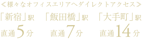 ≪様々なオフィスエリアへダイレクトアクセス≫「新宿」駅直通5分／「飯田橋」駅直通7分／「大手町」駅直通14分