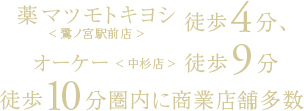 薬マツモトキヨシ<鷺ノ宮駅前店>　徒歩4分、オーケー<中杉店>　徒歩9分　徒歩10分圏内に商業店舗多数